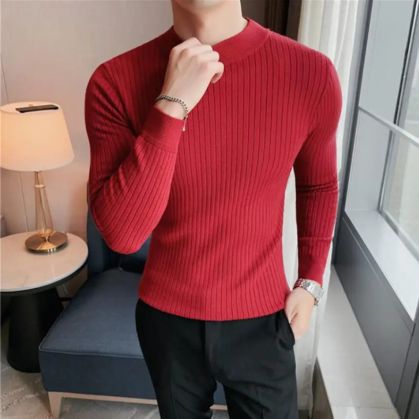 2022 Winter Men's Turtleneck stripe Sweaters Thick Warm High Neck Sweater Mens Sweaters Slim Pullover Men Knitwear Male Sweater