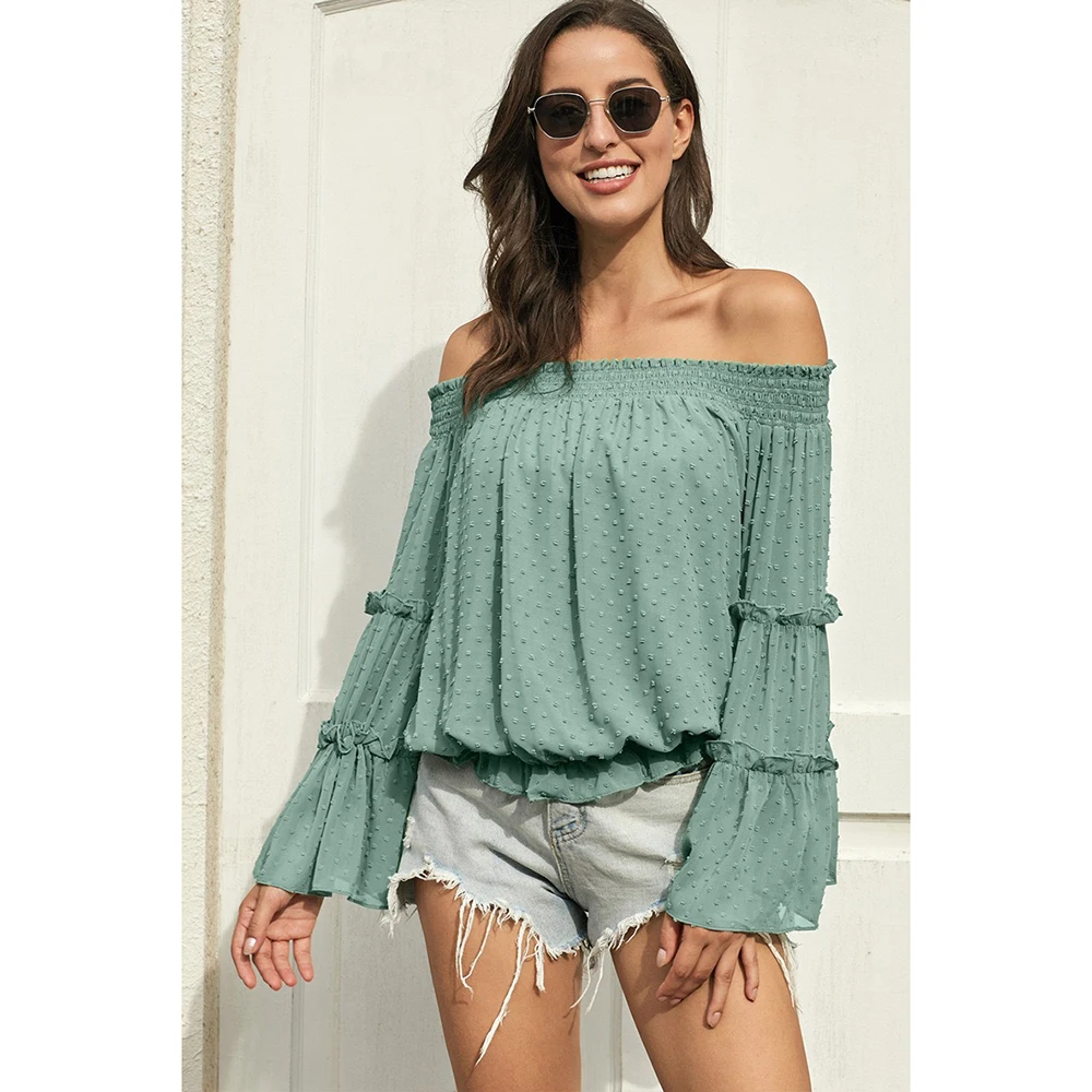 

Horn Long-sleeved Chiffon Off-the-shoulder Loose Loose Blouse 2022 Spring and Summer New Clothing Women