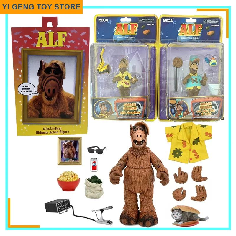 

Neca Alf Alien Life Form Ultimate Action Figure Alf Gordon Shumway With Saxophone Mallet Fish Bucket Figures Model Doll Toys