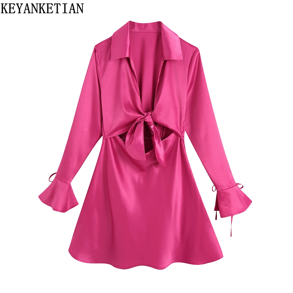 

KEYANKETIAN 2022 Women's New Rose Red Silk Texture Knotted Hollow Dress Slim Fit Flared Sleeve Mini Skirt Short Skirt