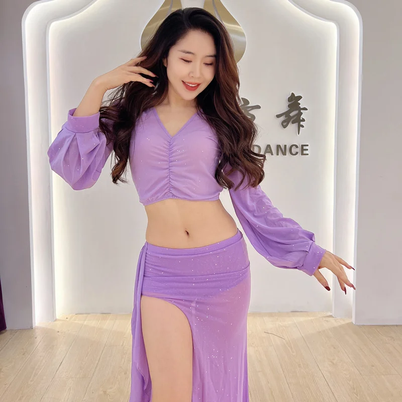 

Solid Color Oriental Dancing Street Dance Egyptian Belly 2pcs Set Jazz Split Hip Scarf Fantasia Latin Clothes Pleated Bellydance