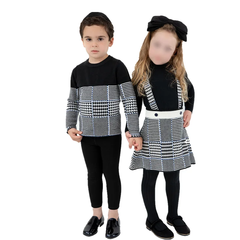 

Kids Sweaters Brother Sister Mathcing Knitted Clothes Plaid knit Pullover Tops A Line Skirt Baby Strappy Pants Bloomers