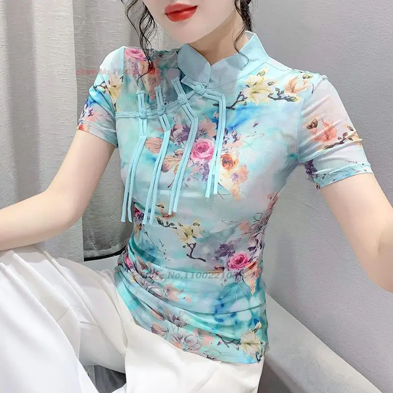 

2023 traditional chinese vintage mesh shirt national flower print ethnic stand collar t-shirt ethnic base shirt retro streetwear
