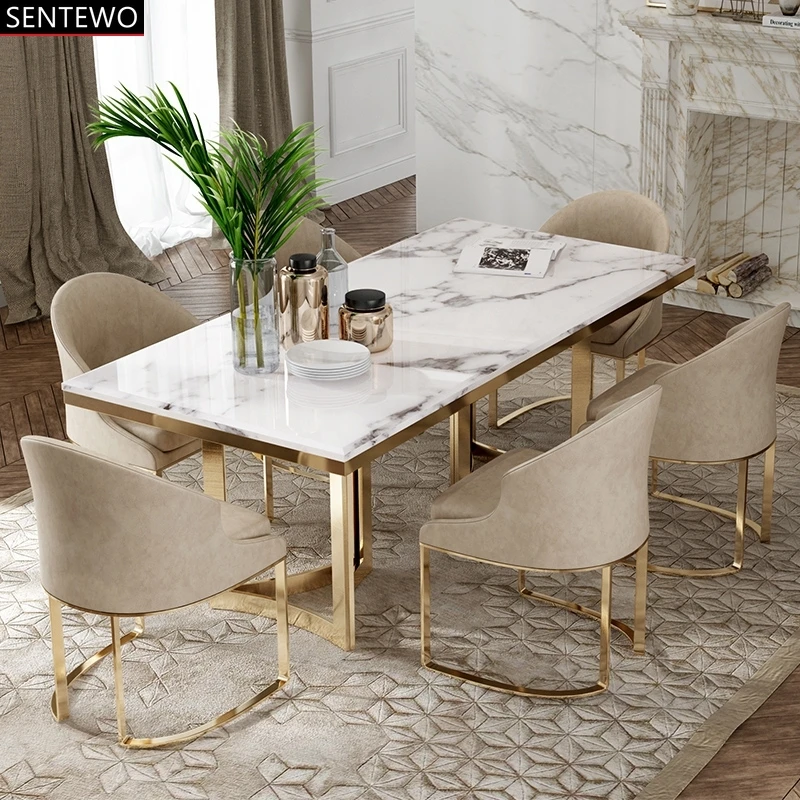 Modern Luxury Marble Dining Tables and Chairs Set Stainless Steel Gold Base  Kitchen Dining Table Chair Chaises Salle Manger