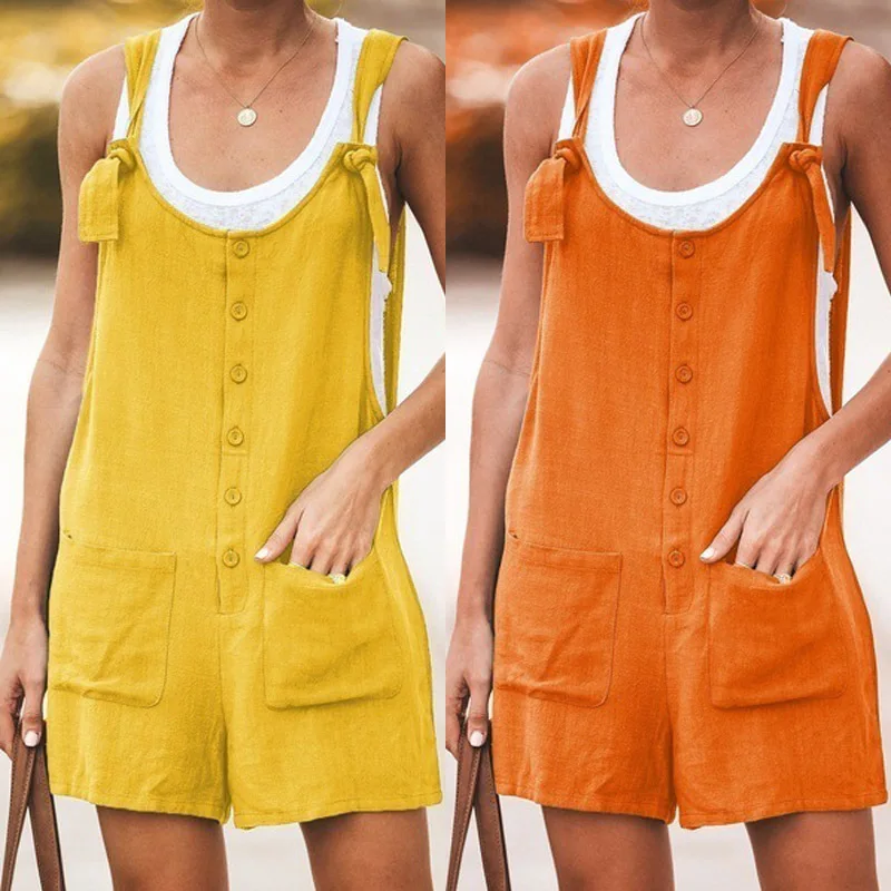 

2023 Wide Leg Jumpsuit With Pockets Summer Playsuits Rompers Women Casual Solid Strappy Pockets Overalls Loose Shorts Jumpsuits