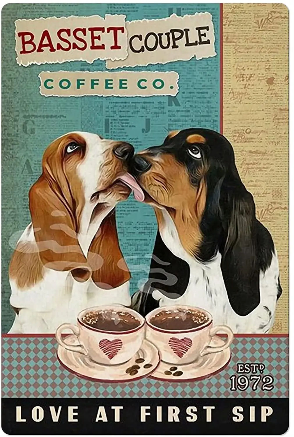 

Basset Couple Coffee Co. Metal Tin Sign,Love at First Sip,Metal Wall Panel Retro Art Decoration for Home Club Cabin Garage Store