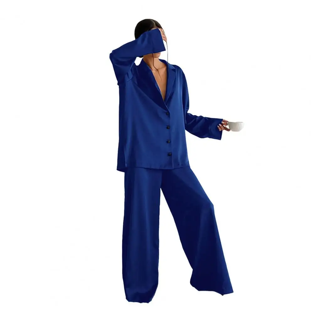 

Женская свободная рубашка с отложным воротником комплект свободных пижам для дам, широкие брюки для удобной весенне-осенней пижамы из двух предметов