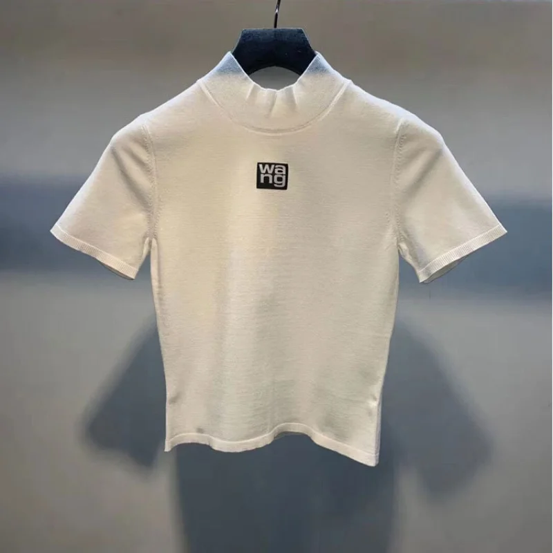Sexy Slim-Fit Knited Tshirts for Women 2022 Summer New Print Letter Pullover Short Sleeve T-shirt Female Crop Tops Graphic Tees