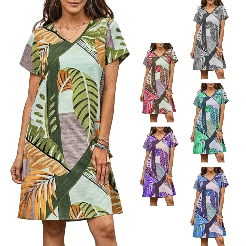 

Women Summer Casual T-Shirt Dress Tropical Swing Dress Short Sleeves Mini Dress