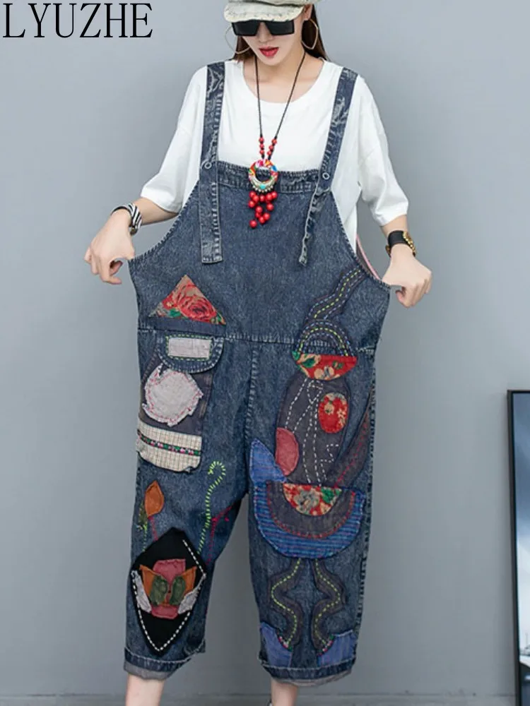 

LYUZHE Hand Embroidered Patch Denim Strap Pants Women 2023 Summer Loose Age Reducing Large Sleeveless Jumpsuits Female ZXF672A