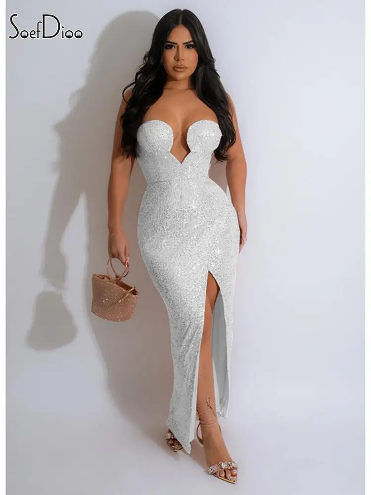 

Soefdioo Sexy Sequins Shiny Backless Wrapped Chest Side High Split Bodycon Maxi Dress 2024 Spring Fashion Party Vestidos Dresses