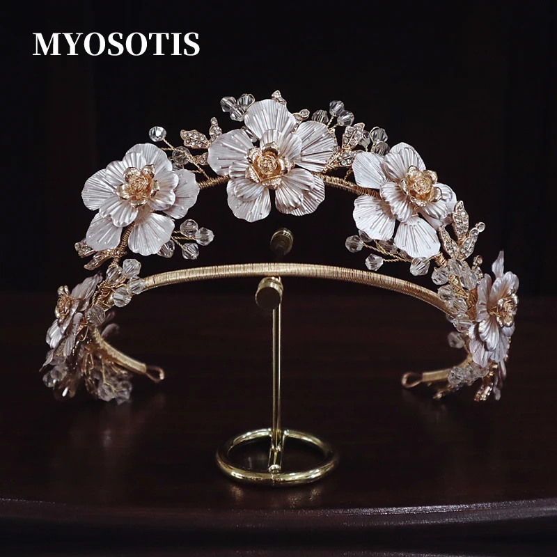 

Vintage Gold Flower Women Crown Bridal Tiara Hairband Handmade Rhinestone Wedding Prom Hair Accessories