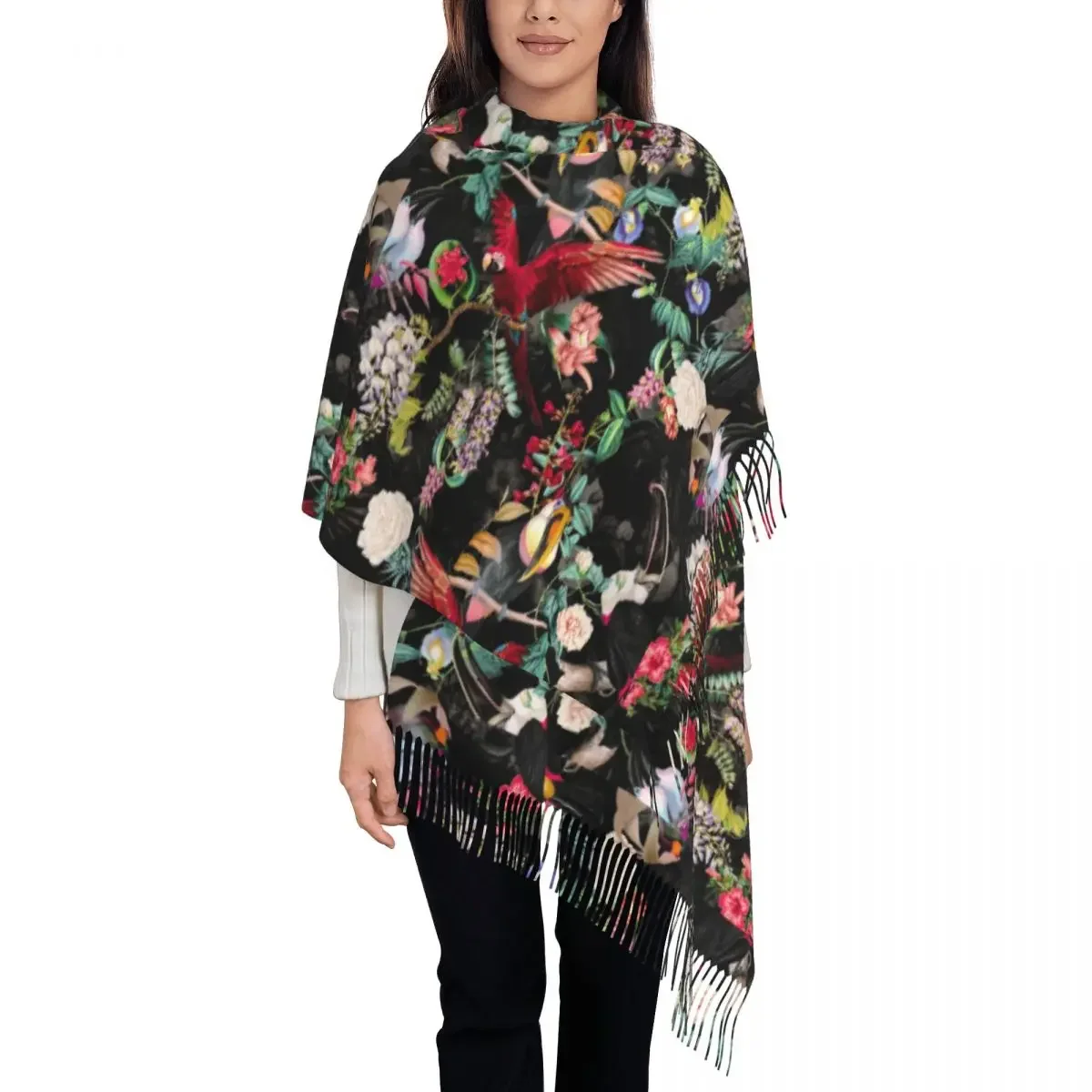 Женский шарф теплые мягкие большие шарфы с цветочным рисунком и птицами длинными