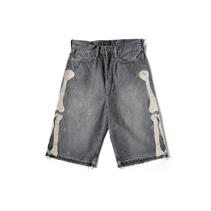 

KAPITAL 22SS Japanese Style Bone Embroidery Dilapidated Relaxed Leisure Men And Women Vintage Denim Shorts