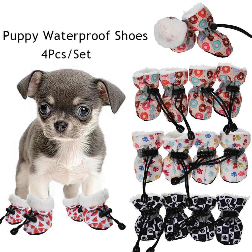 

4pcs/set Pet Dog Print Shoes Waterproof Lambhair Thicken Dogs Boots Winter Warm Anti-slip Snow Boots Footwear Puppy Booties