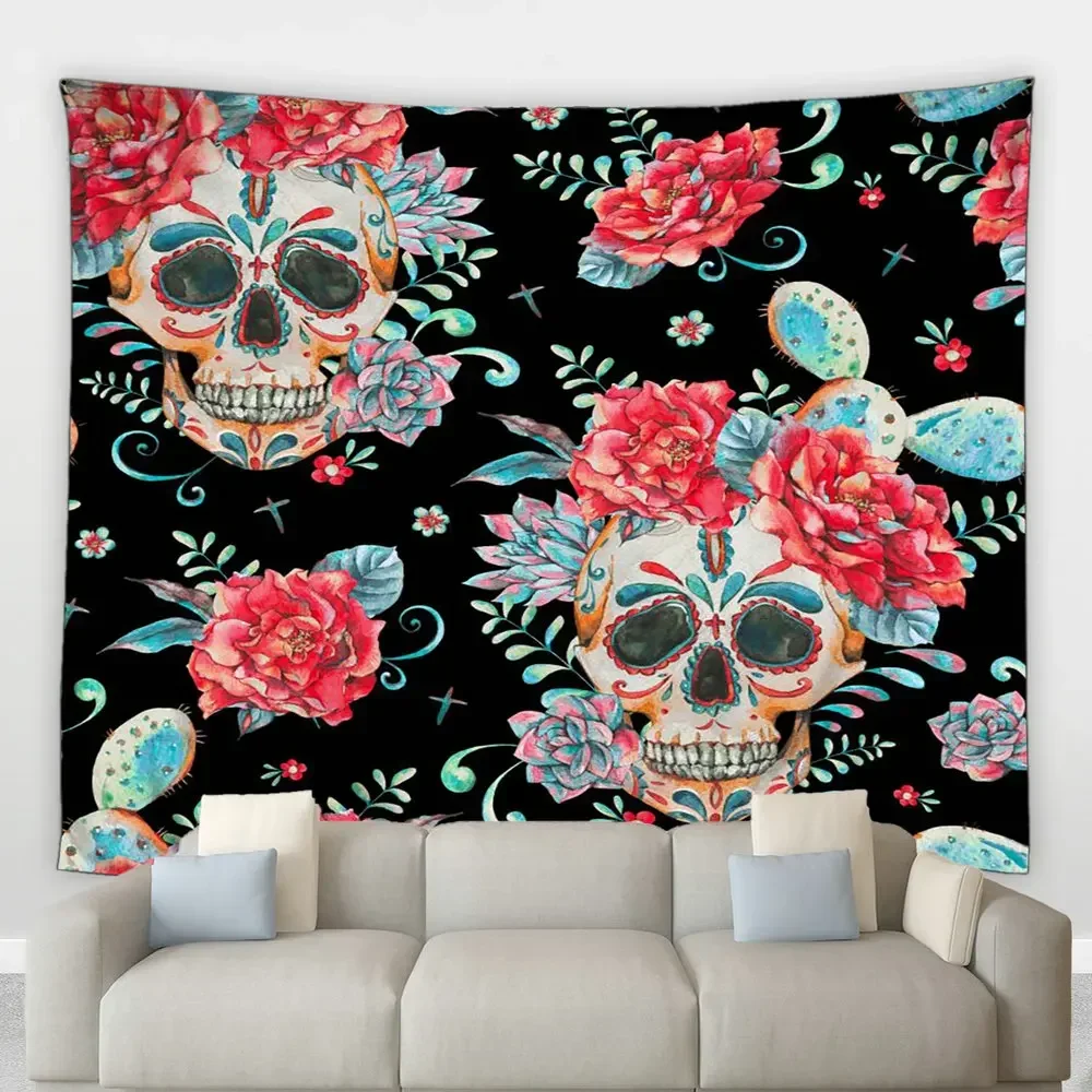 Сахарный Череп Хиппи Большой Гобелен Хэллоуин Мексиканский Скелет Растение