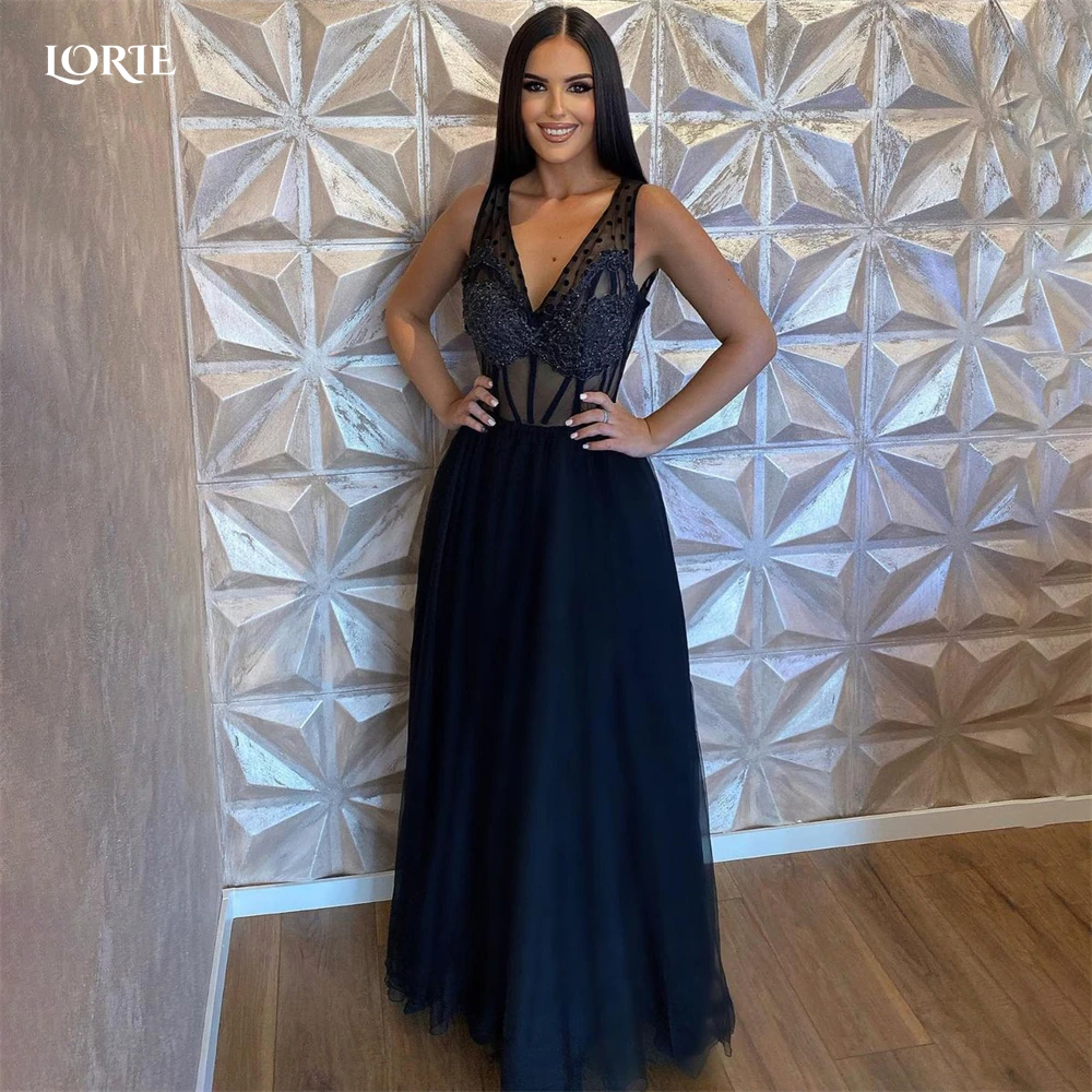 

LORIE Black Lace Formal Prom Dresses See Through V-Neck Appliques Evening Dresses Dubai Celebrity Gowns robe de soirée femme