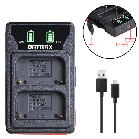 Аккумулятор Batmax NP-FM500H fm500h + двойное зарядное устройство USB со светодиодной подсветкой и портом Type-C для Sony A57 A58 A65 A77 A99 A550 A560 A580 A350 A500