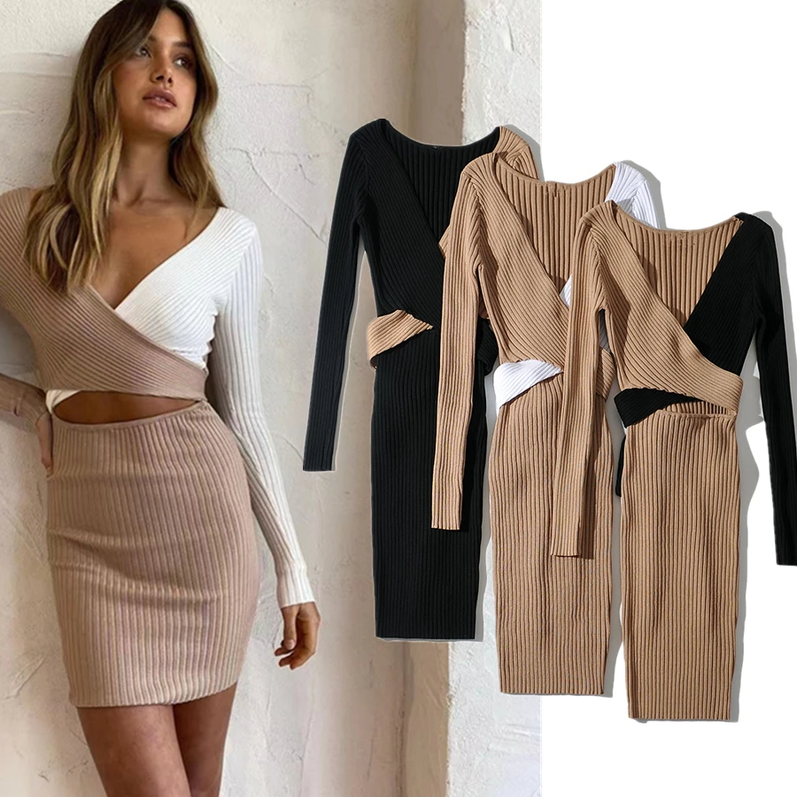 

Withered Ins Fashion Blogger France Style Color Matching Overlapping Hollow Out Sexy Sheath Knitted dress Women