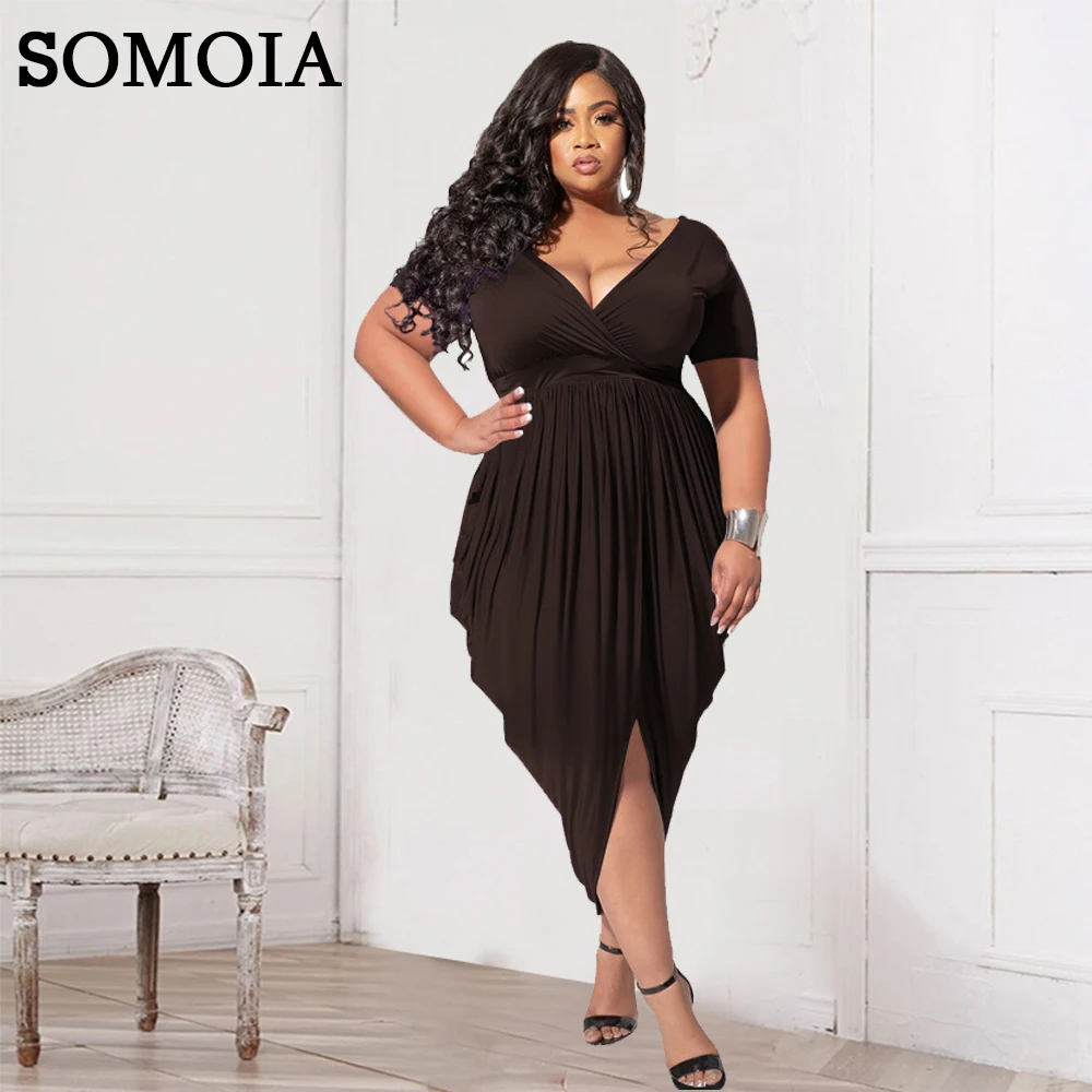 

SOMOIA Summer XL-5XL Solid Color V-Neck Sexy Tight Slit High Waist Long Plus Size Women's Dress Clothing Wholesale Dropshipping