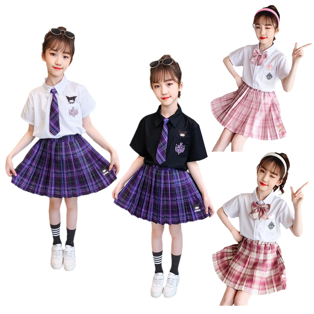 Sanrios Kuromi Cinnamoroll My Melody Hellokittys Short Sleeve Skirt Anime Figure Jk Uniform Kid Shirt Suit Preppy Pleated Skirt