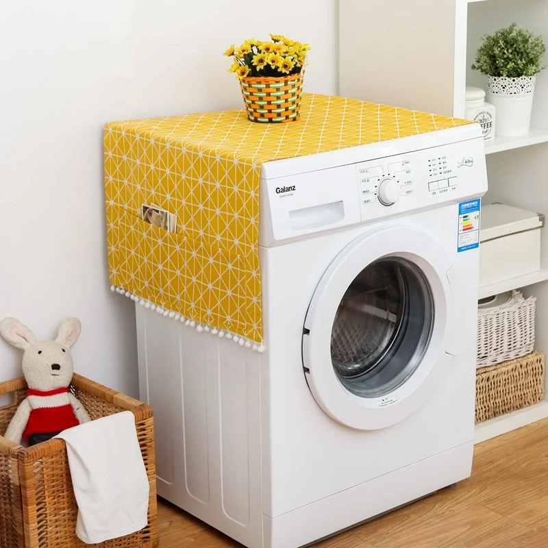 

Portable Yellow Black Plaid Wash Machine Refrigerator Cover Case House Accessories Dust Covers With Pocket Home Decor Hot