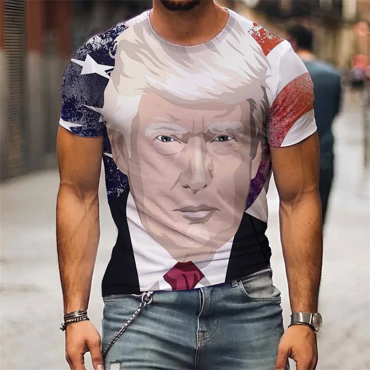 

Футболка мужская с мультипликационным изображением Трампа, 3D футболка в стиле барокко, новые мужские топы с коротким рукавом и круглым выре...