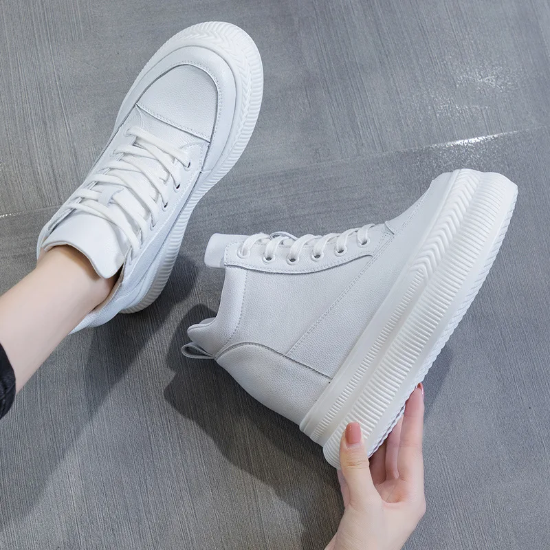 9cm Genuine Leather Platform Wedge Sneakers Hidden Heel Super High Motorcycle Ankle Boots Autumn Plush Women Shoes