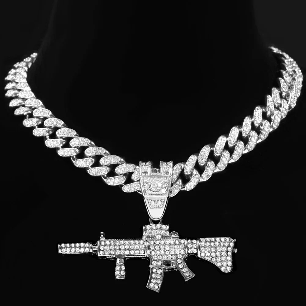 

Hip-hop Cool Punk Motorcycle Diamond Gun Pendant Necklace Hipster Nightclub Super Flash Full Diamond Cuban Chain Men's Necklace