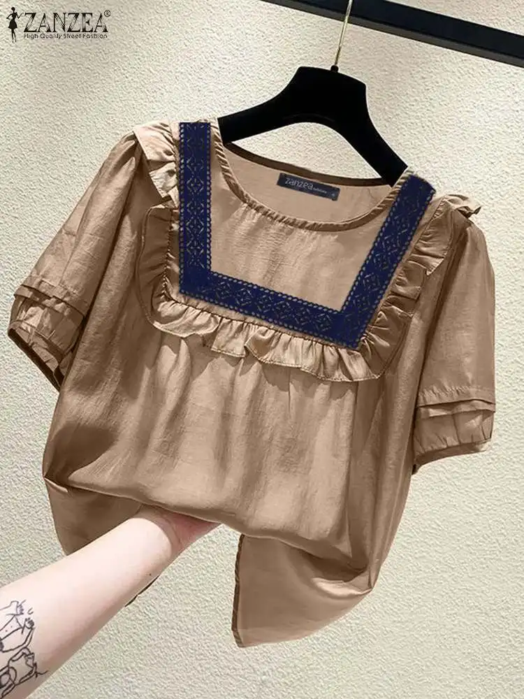 Летняя Блузка ZANZEA элегантная кружевная рубашка в стиле пэчворк женские