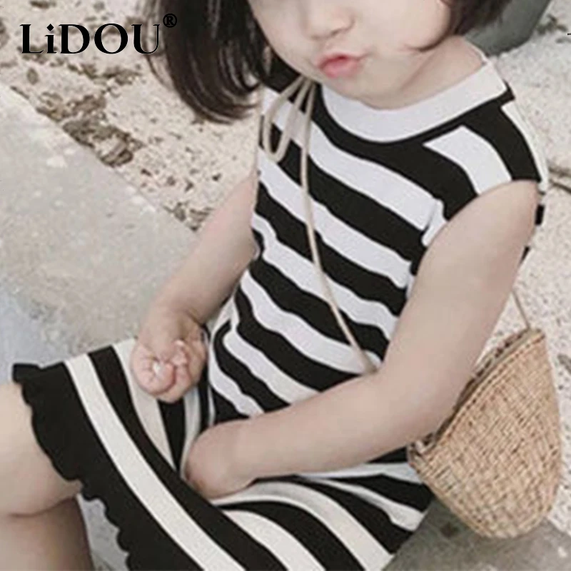 2023 New Summer Korean Fashion Cute Cartoon Sweet Aesthetic Kawaii Creative Casual Vintage Chic Stripe Loose Dress Children Girl