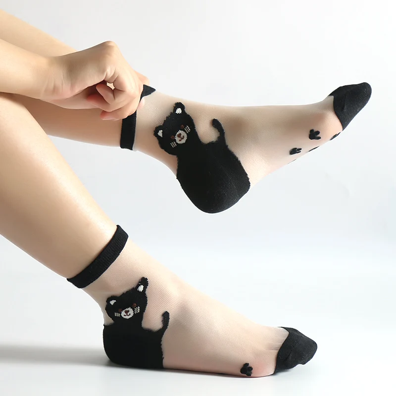 

4 Pairs/Lot Women Cute Cartoon Cat Paw Print Ultra-Thin Novelty Net Socks Japanese Glass Silk Meias Female Transparent Funny Bas
