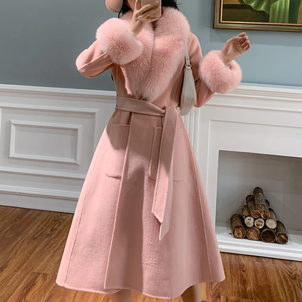 FURYOUME Luxury Real Fur Coat Winter Women Cashmere Wool Jacket Long Natural Fox Fur Collar Detachable Fashion Ladies Outerwear