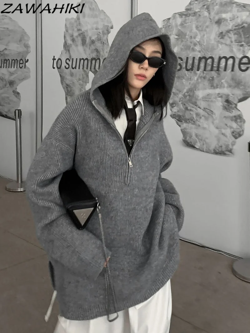 

Women Solid Sweater Hooded Hooded Zipper Pullover Jumper Loose Winter New Long Sleeve Thickening Warm Knitting Sweater