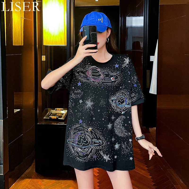 

2022 New Summer Women'S T-Shirt Loose Round Neck Short-Sleeved T-Shirt Starry Sky Diamonds Rhinestone T-Shirt Black LL1180