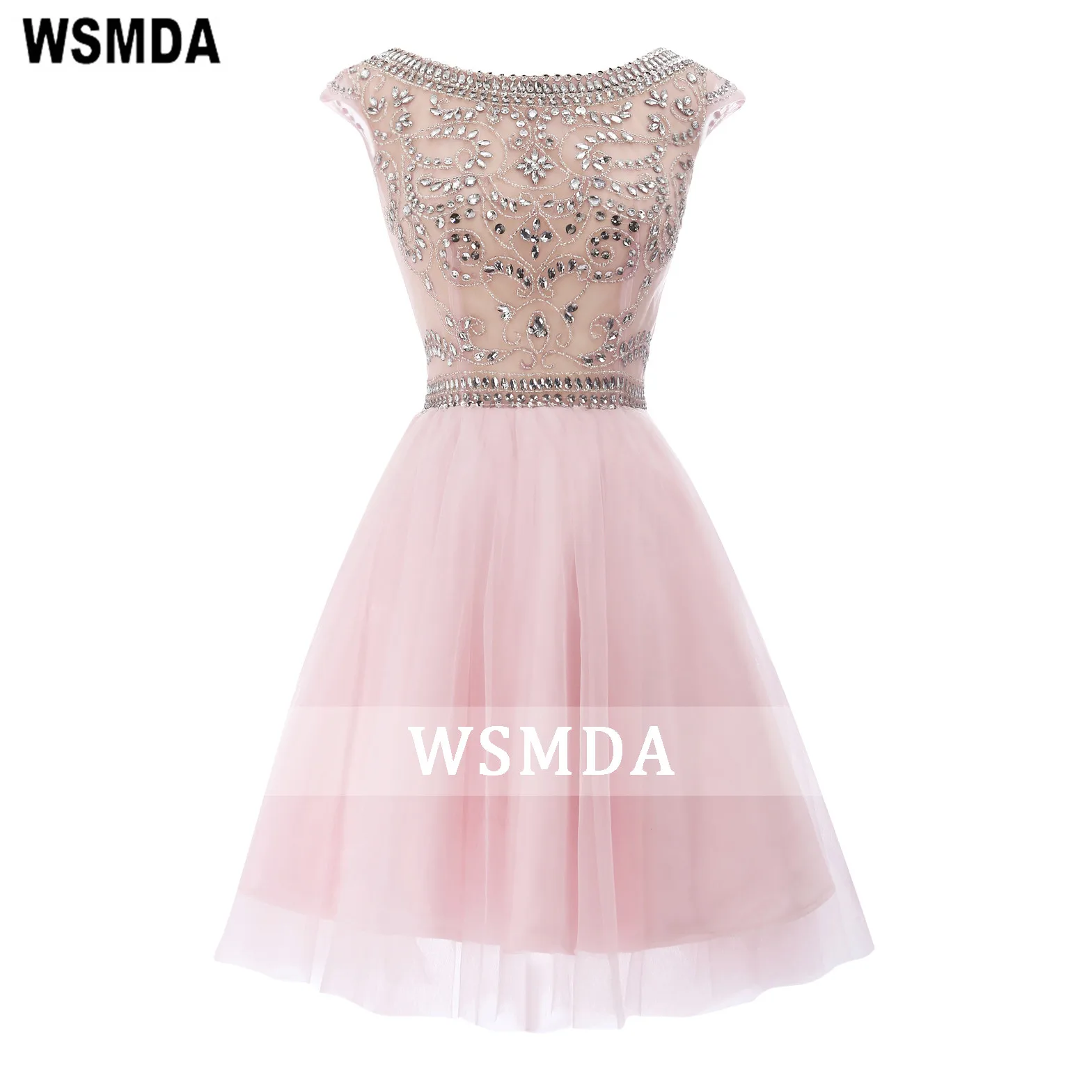 

Pink Rhinestones Beads Short Homecoming Dress Scoop Neck Capped Sleeves Zipper Mini Prom Party Gown Tulle Dress