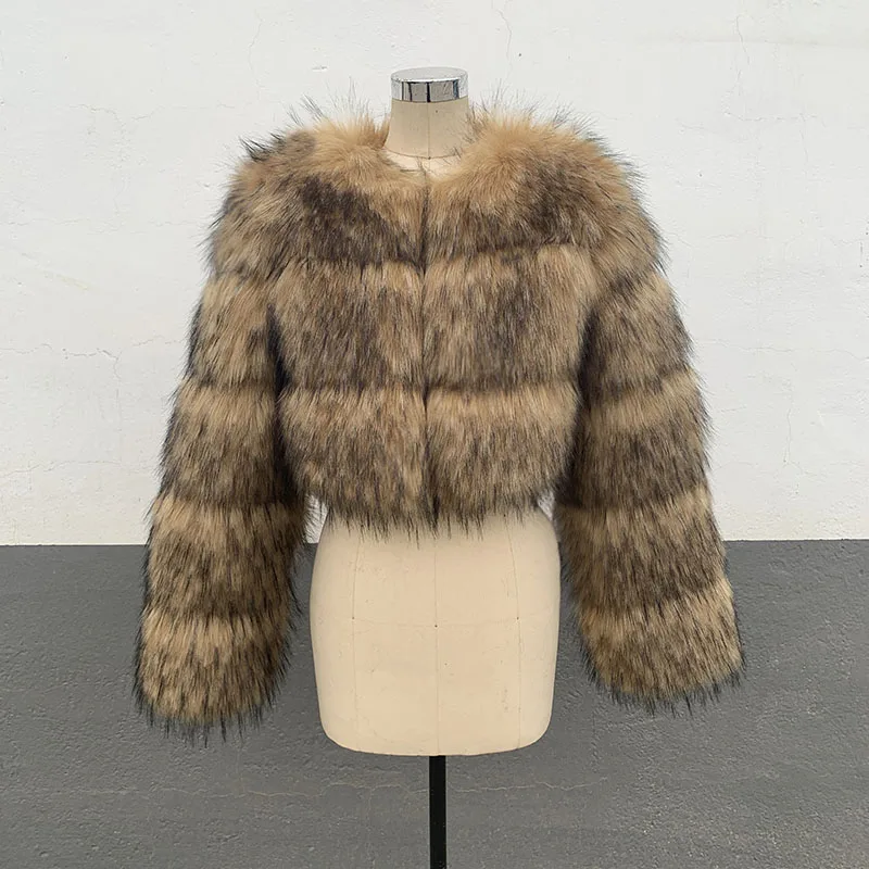 FANPUGUIZHEN Faux Raccoon Silver Fox Fur Coat Plus Size Clothes Natural Winter Women Round Neck Warm Thick New Style Jacket