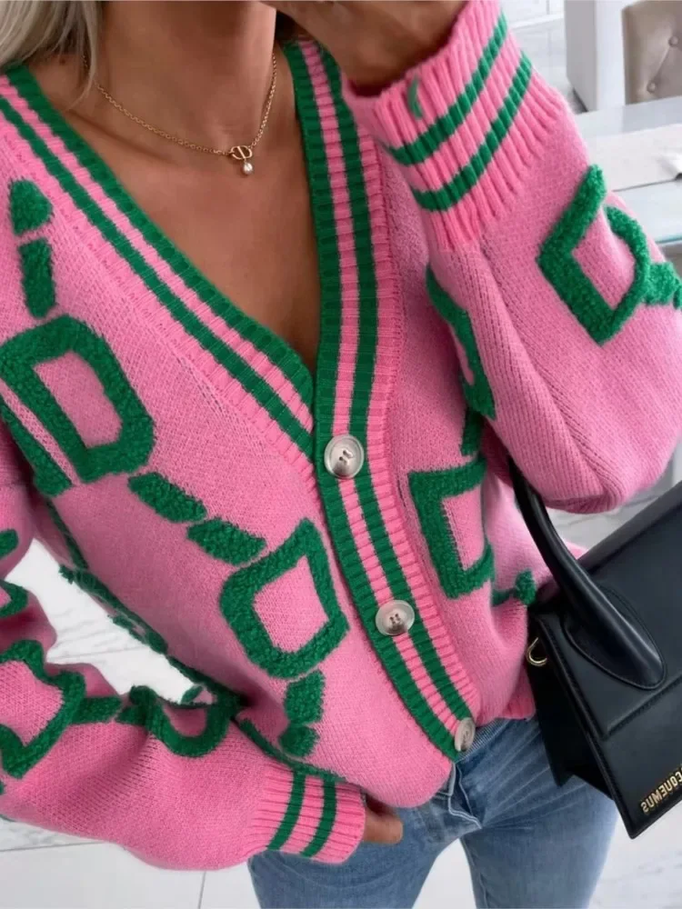 Женский кардиган в зеленую полоску розовый вязаный пуговицы женский свободный