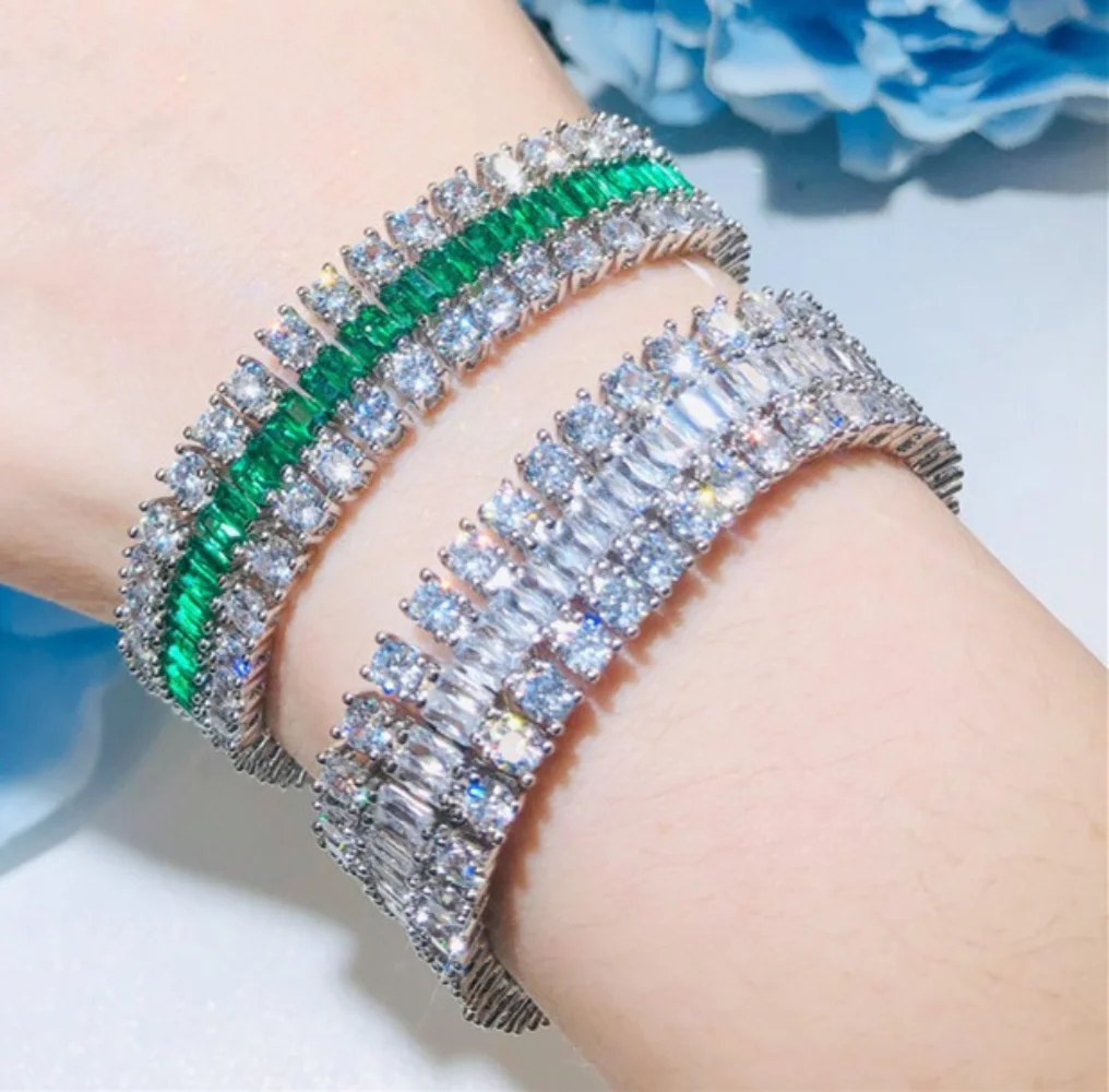 

2023 New Luxury White&Green AAAA Zircon Silver Color Round Bracelet Bangle For Women Anniversary Gift Jewelry Wholesale
