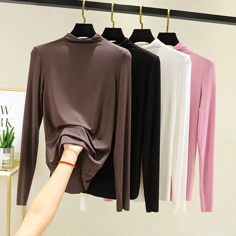 

New Woman High Collar Modal Autumn Base Shirt 2022 Female Casual Solid Long Sleeve Slim Stretch T-shirt Ladies Fashion Tops G209