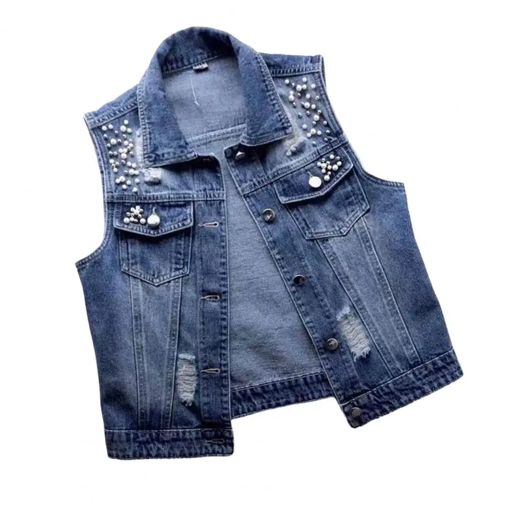 

Chic Denim Jacket Flap Pockets Skin-touching Lady Vest Coat Solid Color Ripped Holes Denim Vest Coat
