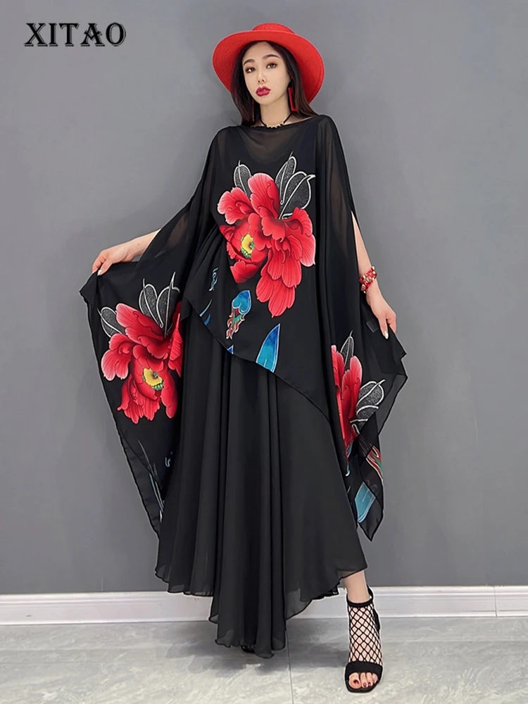 

XITAO Print Casual Dress Set Women Korea Summer New Arrival Personality Fashion Loose Slash neck Short Sleeve Dress Set WLD7466