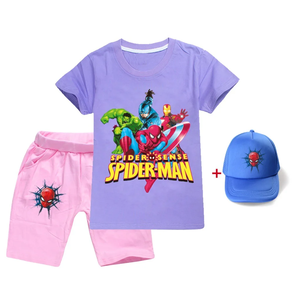 

2022 Summer Teen Kids Clothing Baby Boys Girls Clothing Spiderman Cotton Tracksuit Top + Pants 3 Piece Kids Clothing Set + Hat