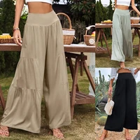 womens fashion wide leg long pants elastic waist casual loose basic summer pleated solid color elegant trousers pantalon femme