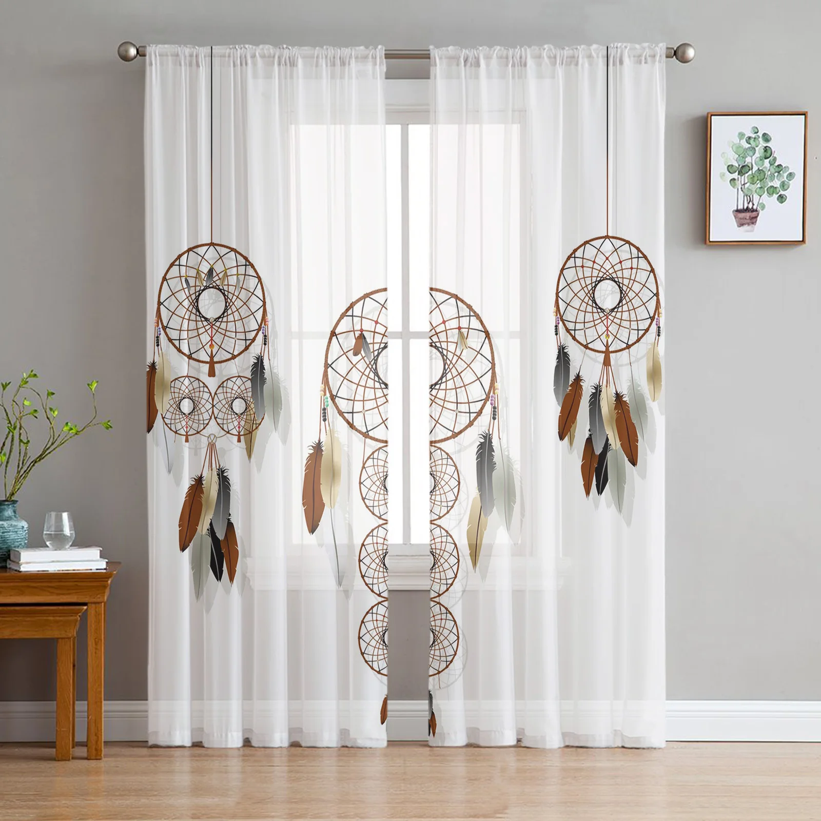 

Dream Catcher Watercolor Feather Pattern Tulle Sheer Curtains for Living Room Bedroom Kitchen Voile Organza Window Curtains