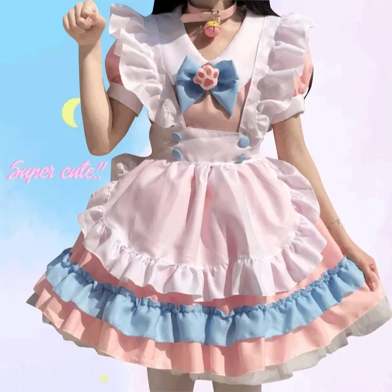 New Lolita Womens Dress Plus Size Pleated Skirt Female Anime Super Cute Pink Maid Dress Japanese Cute Lolita Women Clothing