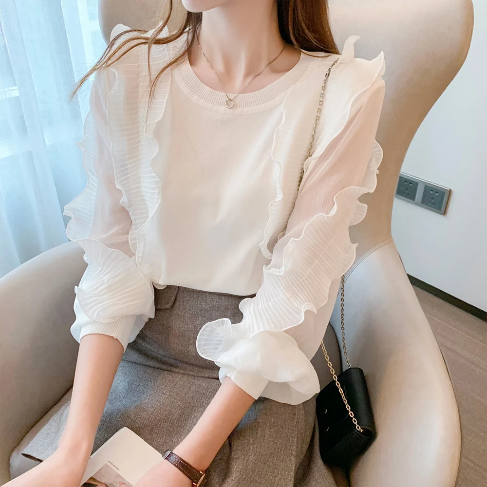 

Women's Blouse Gentle Temperament Korean Fashion Ladies Stitching Mesh Ruffled Long-sleeved Bottoming Female Knitted Sweater