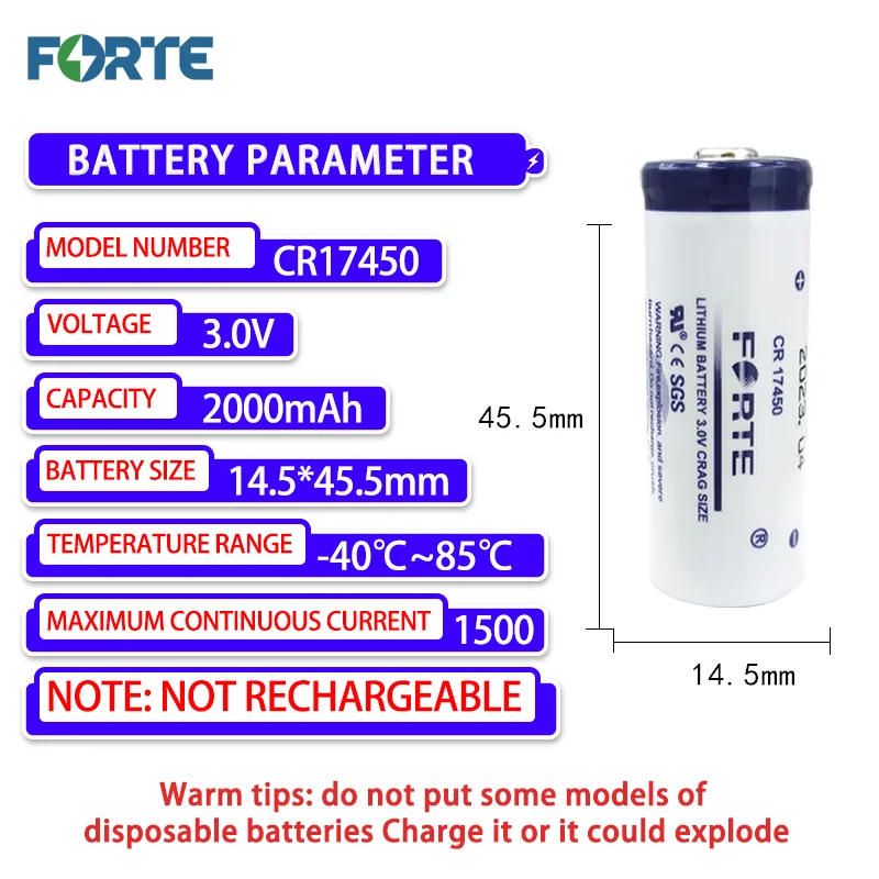 Одноразовый литий-марганцевый аккумулятор Forte CR17450 с добавлением SM штекера 3 В