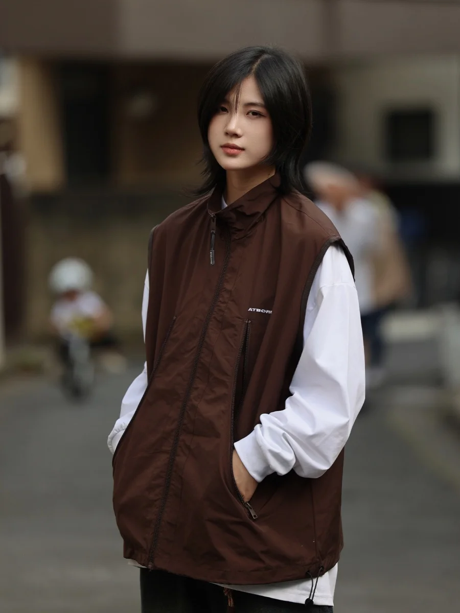 Your First Love Lao Wang Japan fashion Retro Waistcoat Vest Men's Fashion Brand Stand Collar Drawstring Curve Zip-up Pocket E...