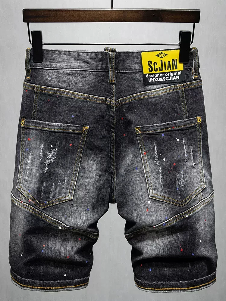 Summer Fashion Men Jeans Retro Black Gray Stretch Elastic Spliced Ripped Short Jeans Painted Designer Hip Hop Denim Shorts Men
